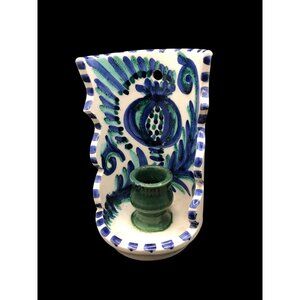 Vintage Spanish Fajalauza Ceramic Candleholder Hand-Painted Blue & Aqua Wall-Mou